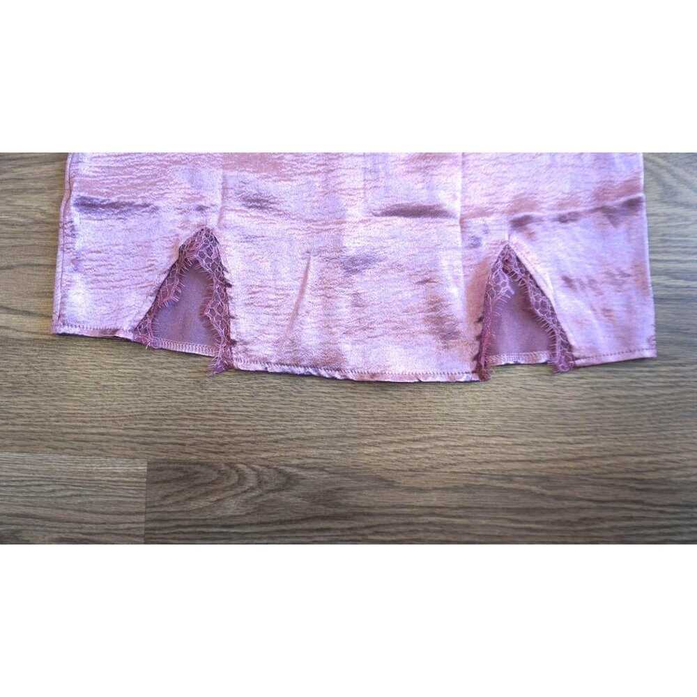 LYANER Satin Lace Trim Split Slit Hem Zipper High Wasit Mini Short Skirt, Size S - Picture 7 of 13